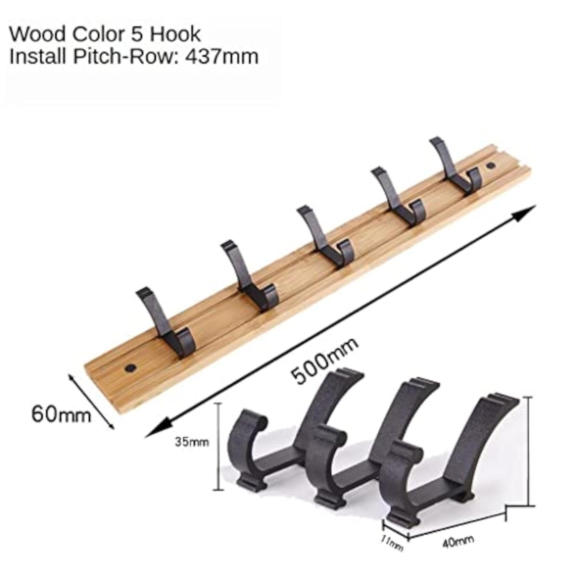 Bamboo Coat Rack Hooks, Wall Mounted, 5 Hooks